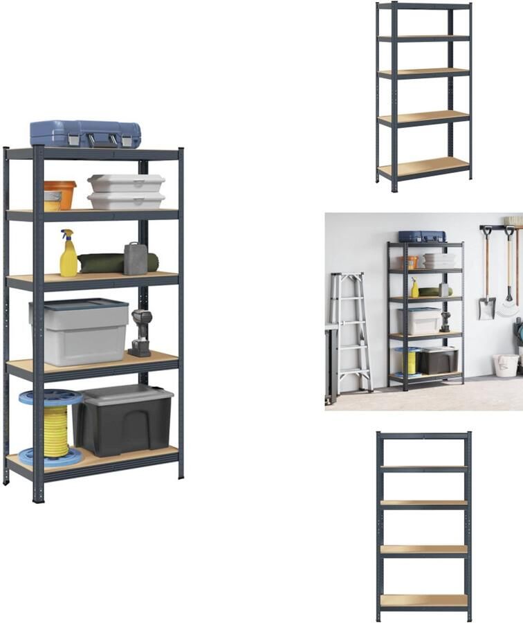 VidaXL Plank Planken Garage Stelling Stellingkast Opbergrek 5-laags staal & bewerkt hout antracietkleurig