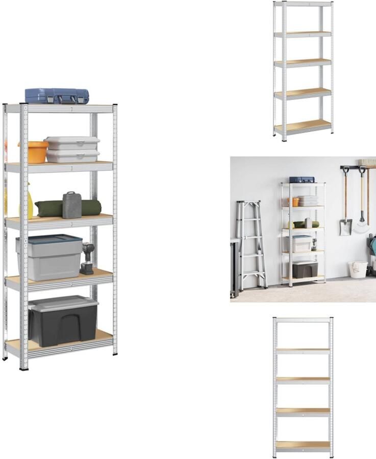 VidaXL Plank Planken Garage Stelling Stellingkast Opbergrek 5-laags staal en bewerkt hout zilverkleurig