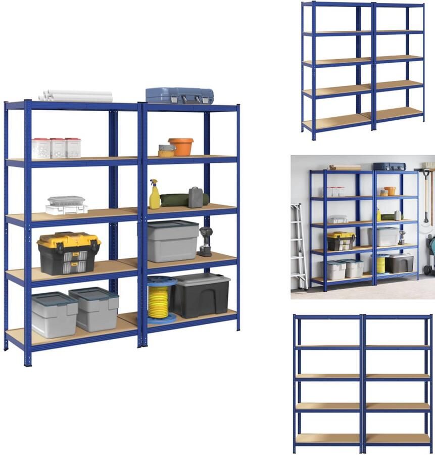 VidaXL Plank Planken Garage Stelling Stellingkast Opbergrekken 2 st 5-laags staal en bewerkt hout blauw