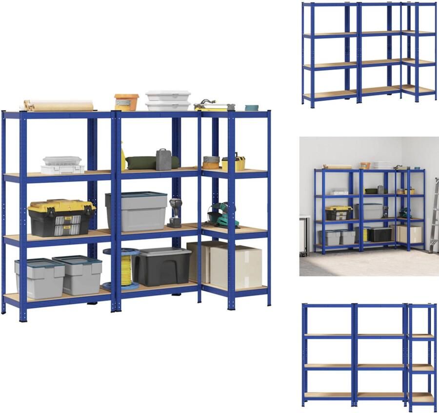 VidaXL Plank Planken Garage Stelling Stellingkast Opbergrekken 3 st 4-laags staal en bewerkt hout blauw