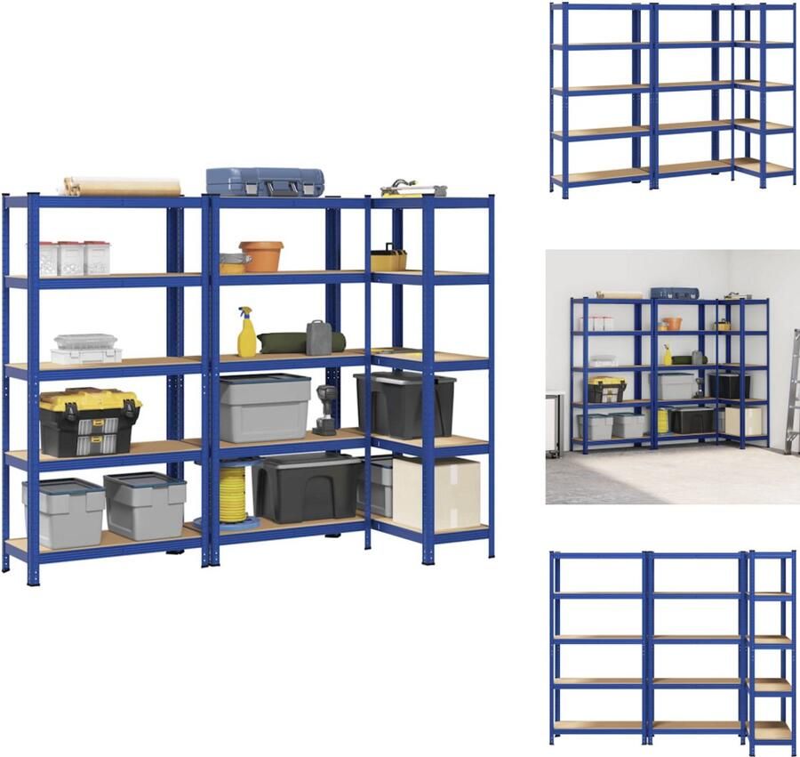 VidaXL Plank Planken Garage Stelling Stellingkast Opbergrekken 3 st 5-laags staal en bewerkt hout blauw