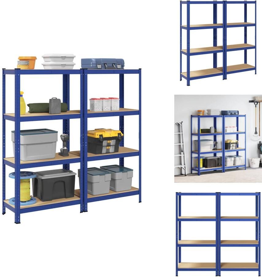 VidaXL Plank Planken Garage Stelling Stellingkast Opbergrekken 4-laags 2 st staal & bewerkt hout blauw