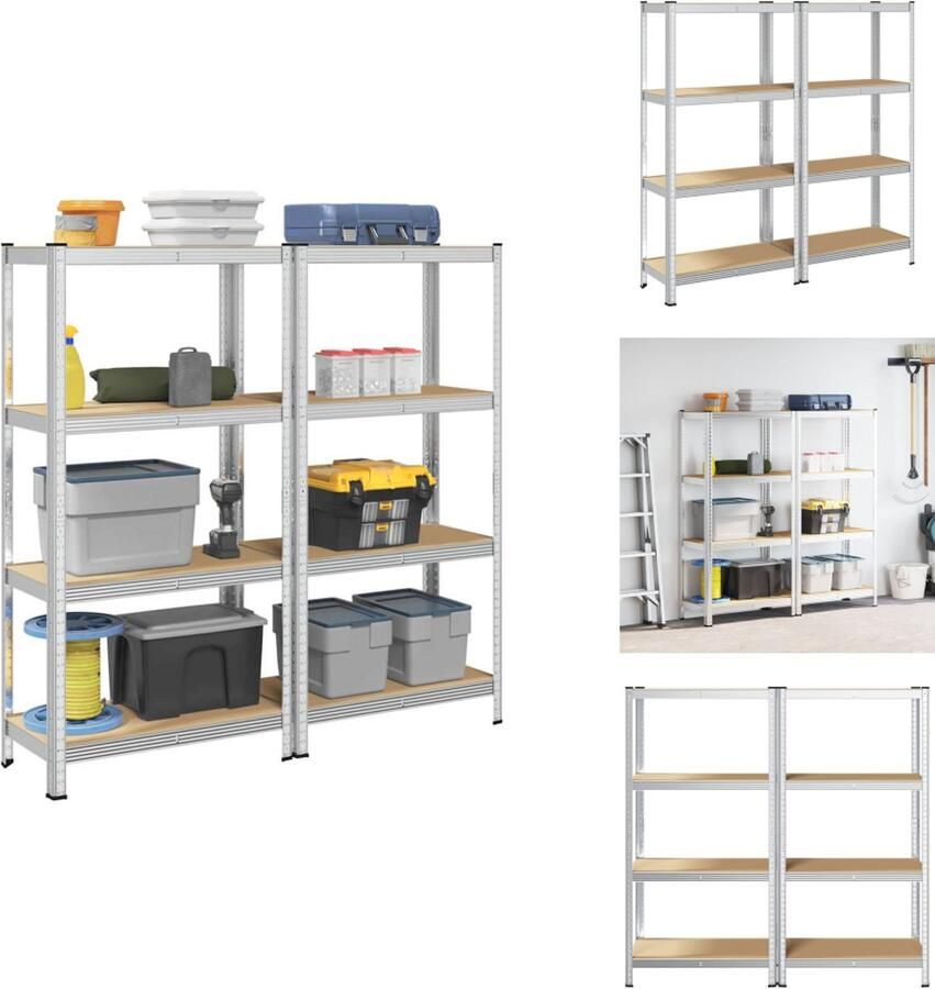 VidaXL Plank Planken Garage Stelling Stellingkast Opbergrekken 4-laags 2 st staal & bewerkt hout zilverkleurig