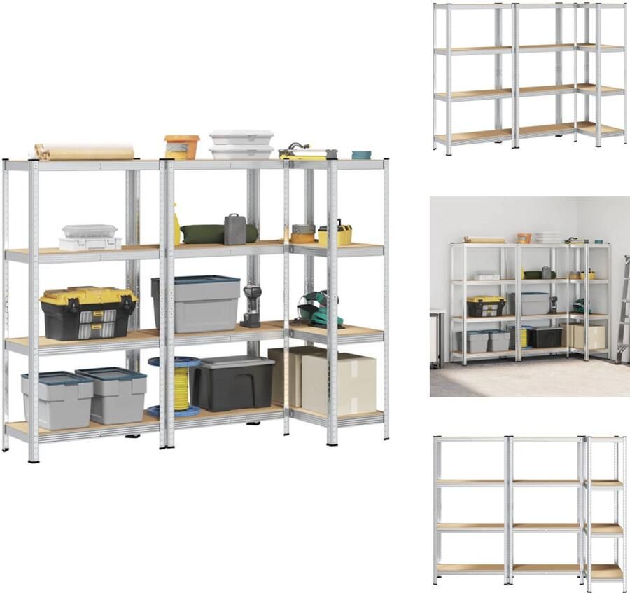 VidaXL Plank Planken Garage Stelling Stellingkast Opbergrekken 4-laags 3 st staal en bewerkt hout zilverkleurig