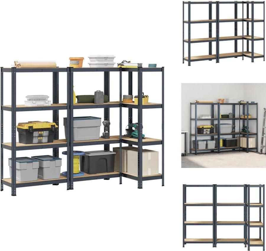 VidaXL Plank Planken Garage Stelling Stellingkast Opbergrekken 4-laags 3 st staal & bewerkt hout antracietkleurig