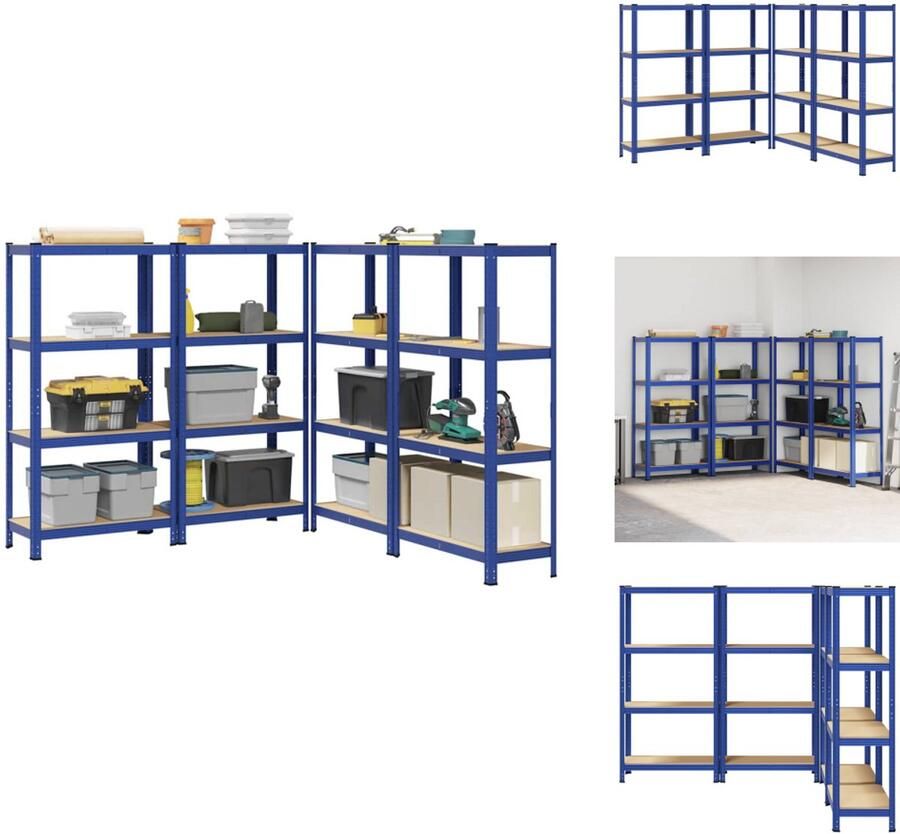 VidaXL Plank Planken Garage Stelling Stellingkast Opbergrekken 4-laags 4 st staal & bewerkt hout blauw