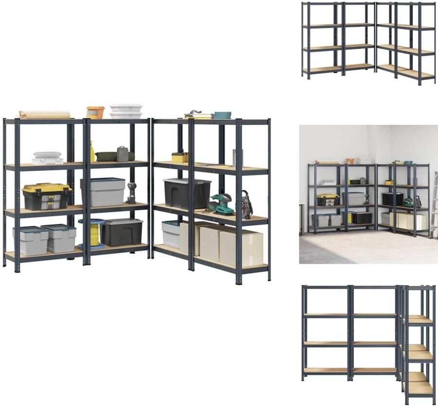 VidaXL Plank Planken Garage Stelling Stellingkast Opbergrekken 4-laags 4st staal en bewerkt hout antracietkleurig