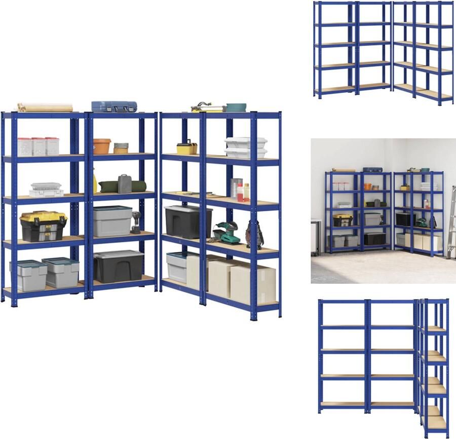 VidaXL Plank Planken Garage Stelling Stellingkast Opbergrekken 4 st 5-laags staal en bewerkt hout blauw