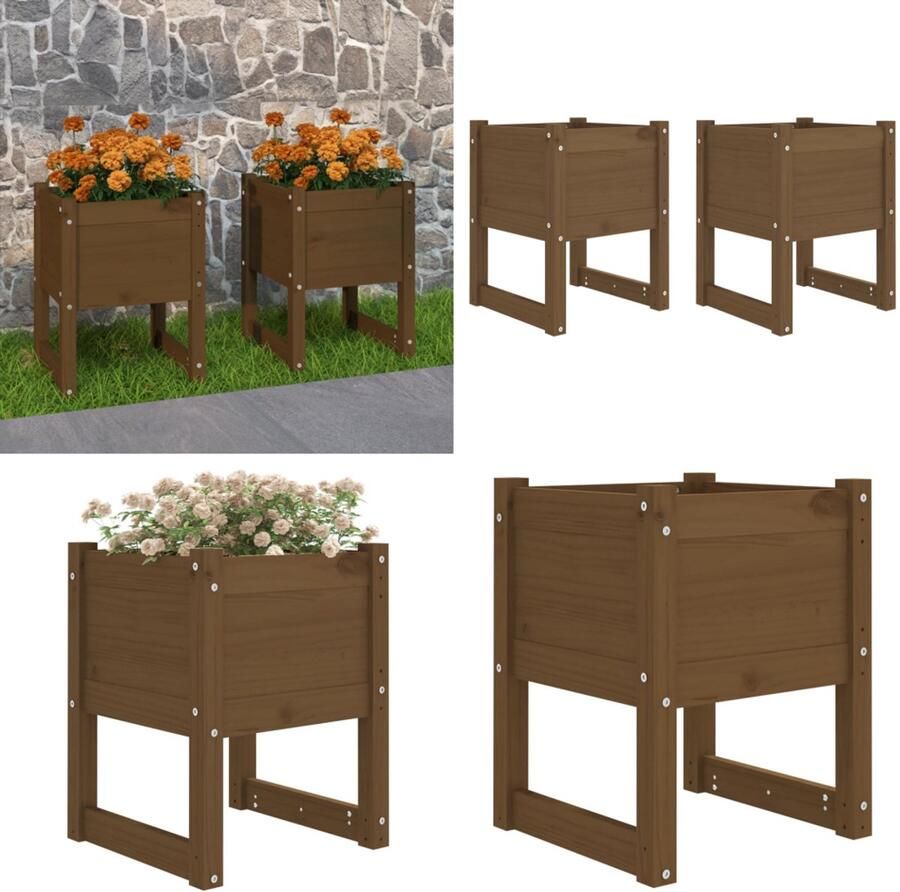 VidaXL Plantenbakken 2 st 40x40x52-5 cm massief grenenhout honingbruin Plantenbakken Tuindecoratie Bloempotten Houtbloempot Grenenhouten Potten Outdoor Deco Plantenbak Plantenbakken Verhoogde Plantenbak Kweekbak