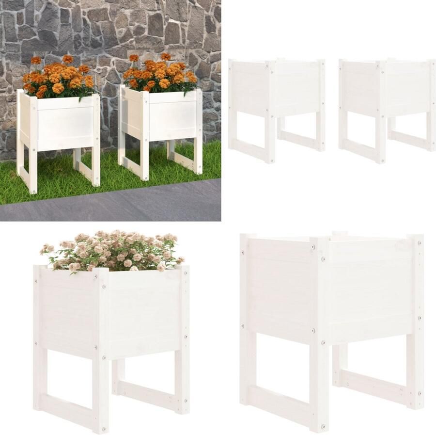 VidaXL Plantenbakken 2 st 40x40x52-5 cm massief grenenhout wit Plantenbak Plantenbakken Verhoogde Plantenbak Kweekbak