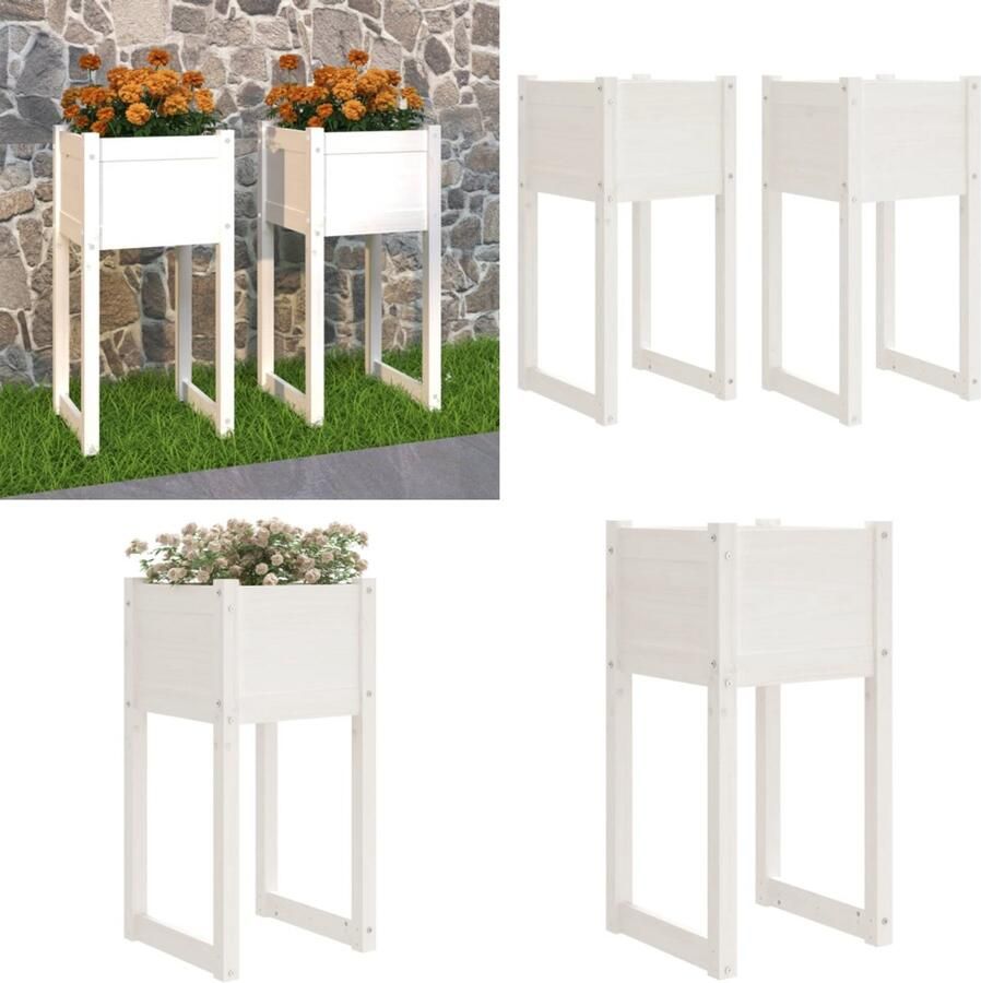 VidaXL Plantenbakken 2 st 40x40x81 cm massief grenenhout wit Plantenbakken Tuindecoratie Grenenhouten Planters Witte Plantenbakken Bloemenbakken Buitenkamer Accessoires Plantenbak Plantenbakken Verhoogde Plantenbak Kweekbak