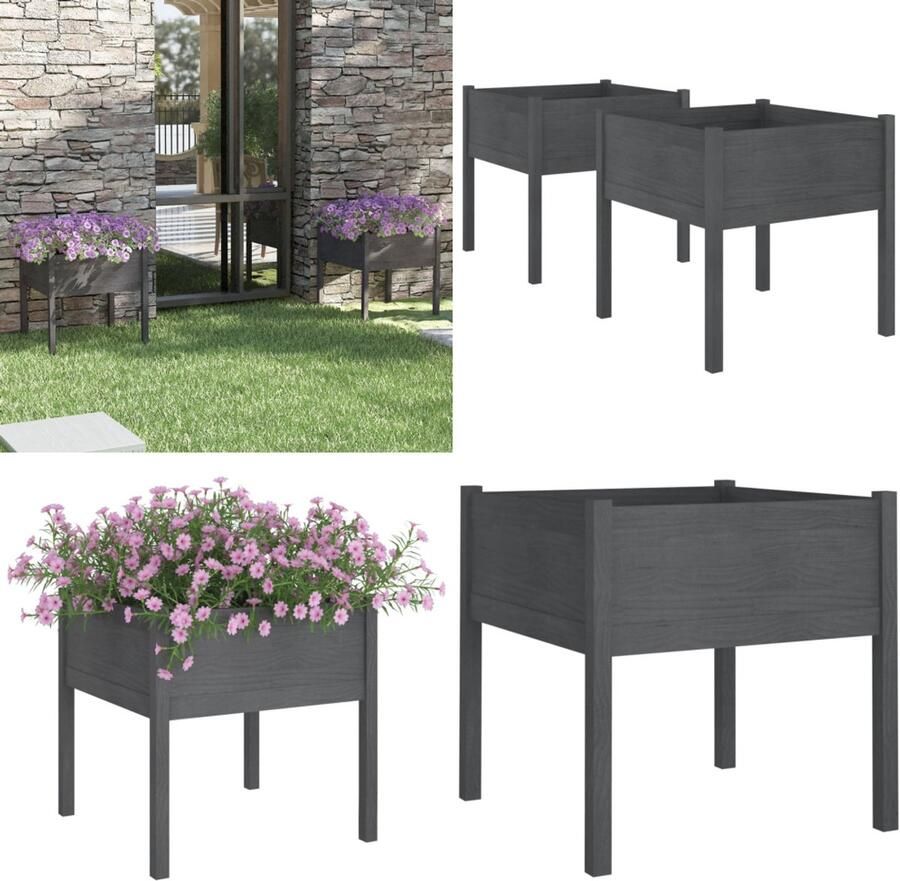 VidaXL Plantenbakken 2 st 70x70x70 cm massief grenenhout grijs Plantenbak Plantenbakken Verhoogde Tuinbak Verhoogde Plantenbak