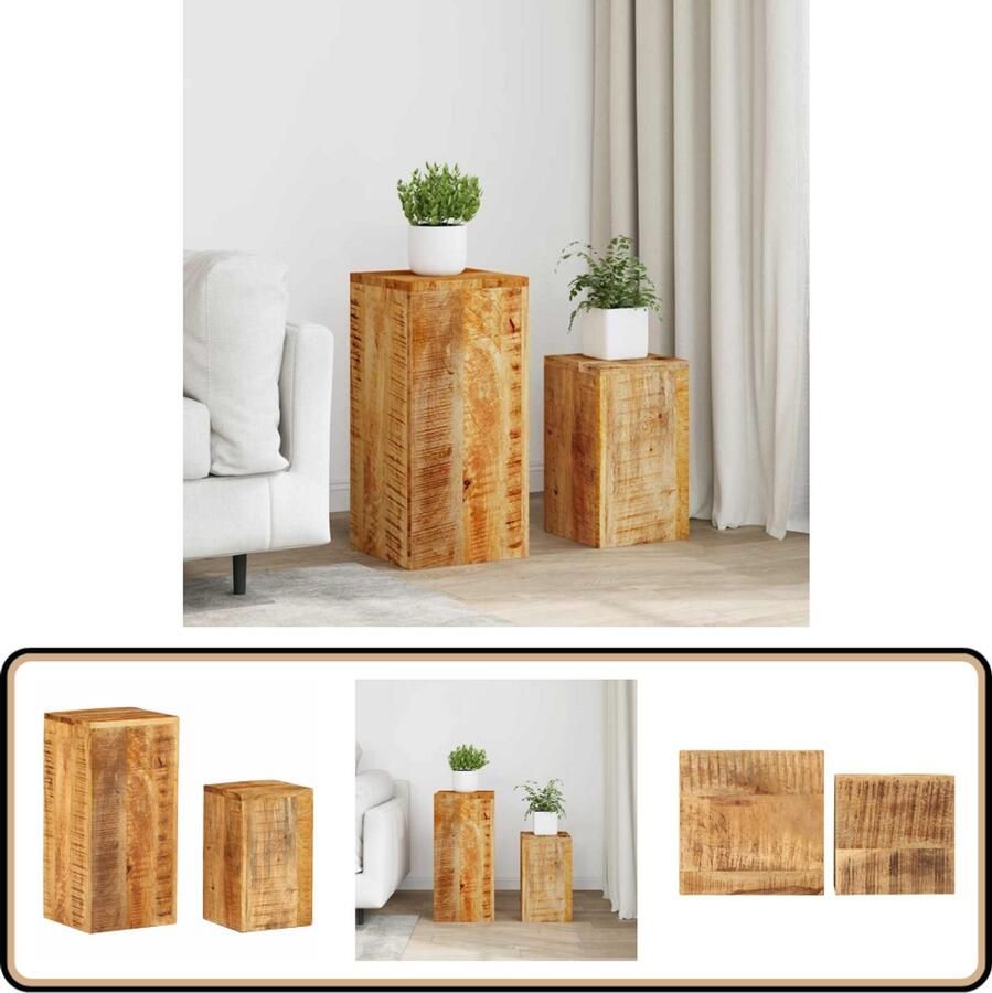 VidaXL Plantenstandaards Set van 2 Massief Mangohout Houten Tafels Mango Hout Bijzet Tafels Salontafels Planthouders Binnendecoratie Woonaccessoires Bruine Meubelen Unieke Meubels Handgemaakt