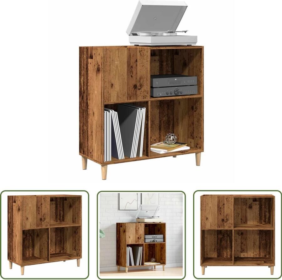 The Living Store Platenkast 84 5x38x89 cm bewerkt hout oud houtkleurig Vinyl Kast Platenspelers Cabinet Muziekbibliotheek Opslagoplossing Vintage Design