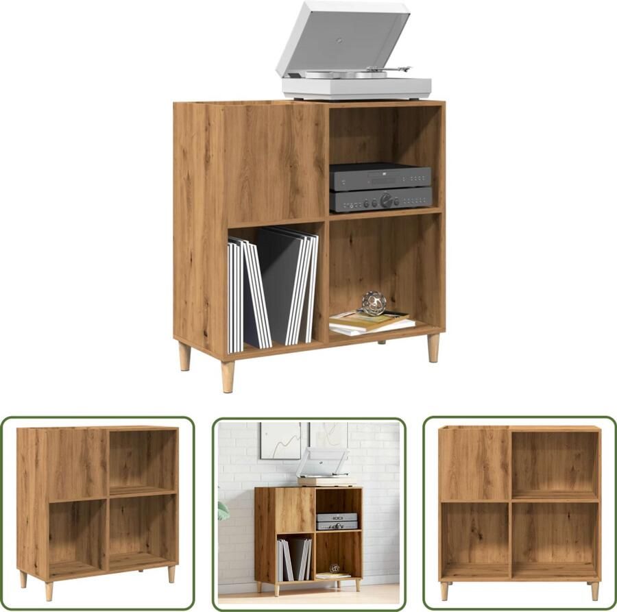 The Living Store Platenkast 84 5x38x89 cm bewerkt hout artisanaal eikenkleur Vinylplaat Opslag Platenspelers Cabinet Muziekbibliotheek Vintage Decoratie Houtschildering