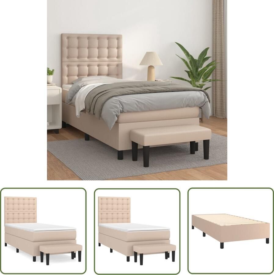The Living Store Boxspringbed Cappuccino Kunstleer 203x100x118 128 cm Verstelbaar hoofdbord Pocketvering matras Middelharde ondersteuning Huidvriendelijk topmatras Multifunctioneel bankje