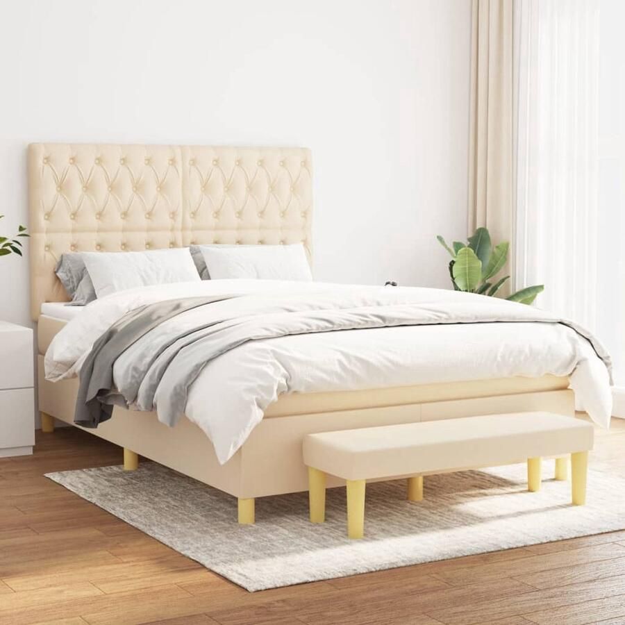 The Living Store Boxspringbed Pocketvering 140 x 200 cm Crème Verstelbaar hoofdbord Duurzaam materiaal Middelharde ondersteuning Huidvriendelijk topmatras Multifunctioneel bankje