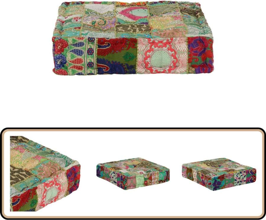 VidaXL Poef Patchwork 50x50x12 cm Handgemaakt Groen Vintage Poef Patchwork Poef Handgemaakte Poef Katoenen Poef Indiaanse Stijl