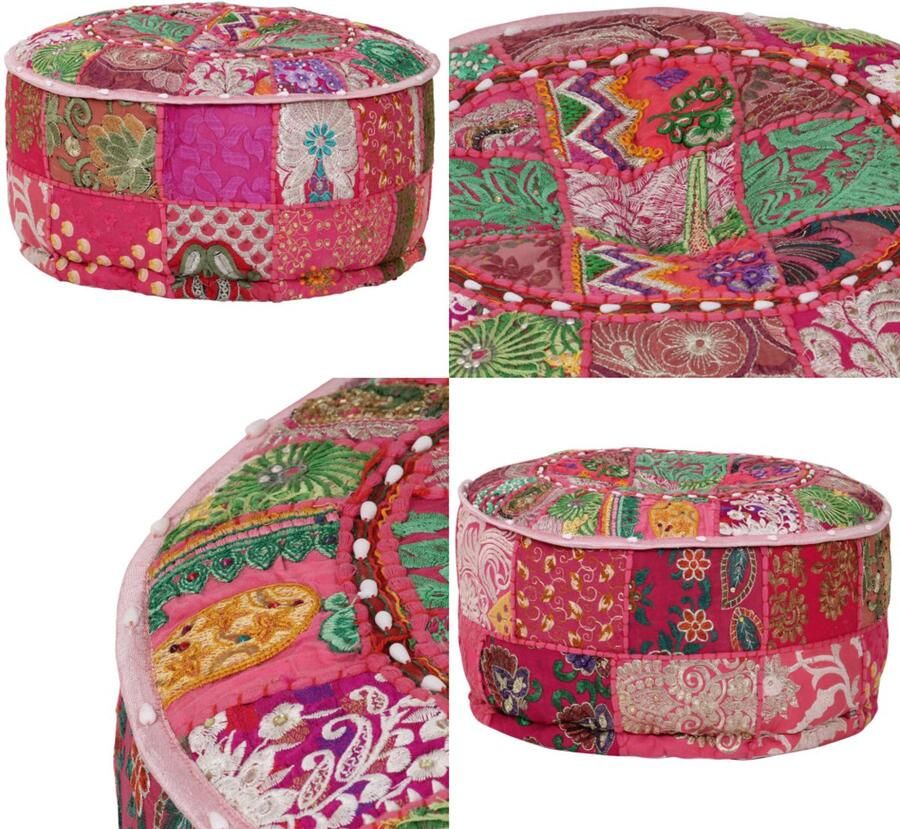 VidaXL Poef patchwork rond handgemaakt 40x20 cm katoen roze Poef Poefs Poefen Hocker