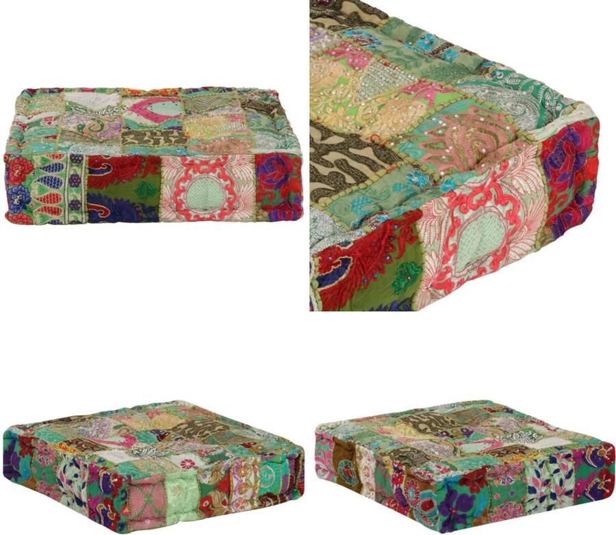 VidaXL Poef patchwork vierkant handgemaakt 50x50x12 cm katoen groen Poef Poefs Poefen Hocker