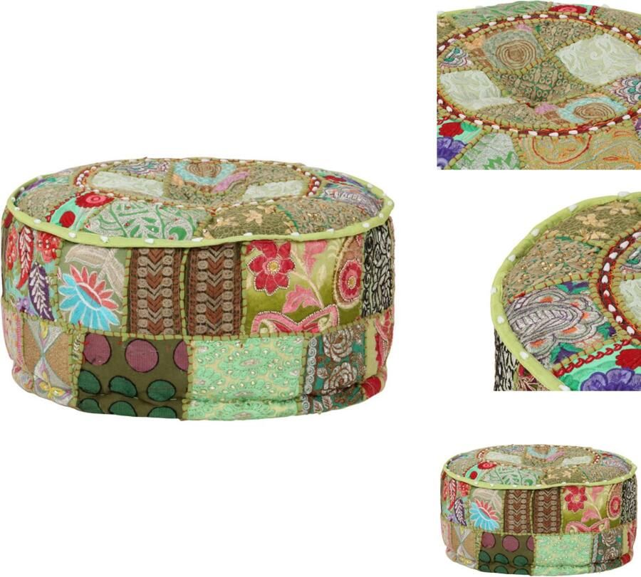 VidaXL Poef Poefs Poefen Hocker Poef patchwork rond handgemaakt 40x20 cm katoen groen