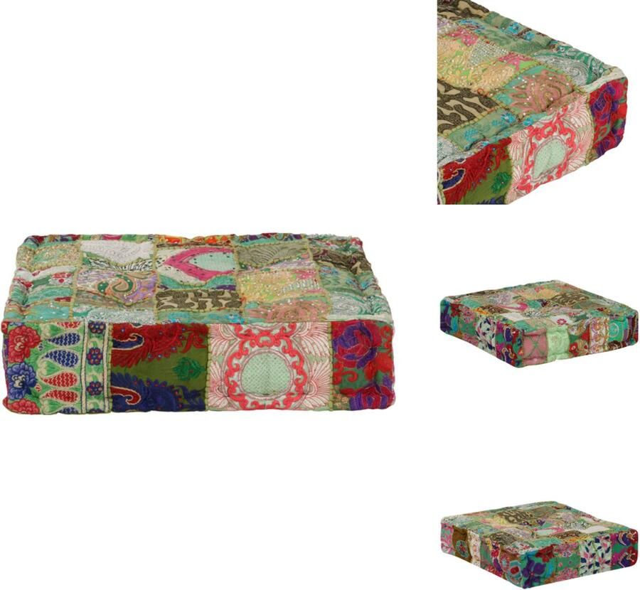 VidaXL Poef Poefs Poefen Hocker Poef patchwork vierkant handgemaakt 50x50x12 cm katoen groen