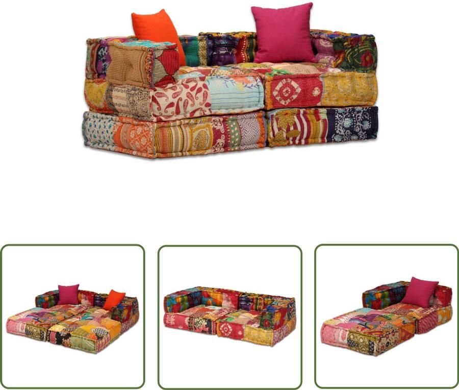 VidaXL Poef tweezits modulair Patchwork Inclusief kussens Slaapbank Modulaire Bank Multifunctionele Bank Lounge Sofa Patchwork Bank Gekleurde Bank Comfortabele Bank