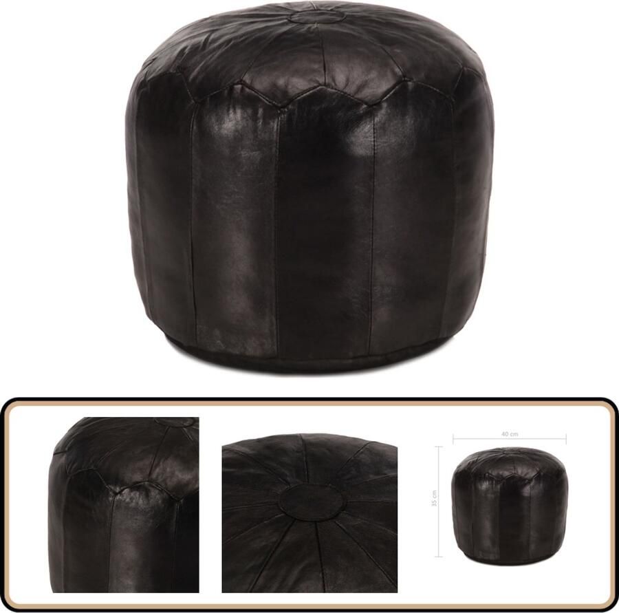 The Living Store Poef Geitenleer 40 x 35 cm Vintage zwart Poef Geitenleer Zwarte Poef Vintage Poef Salontafel - Foto 2