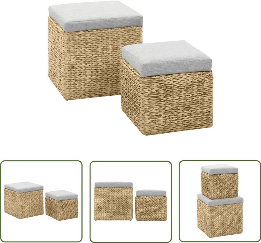 VidaXL Poefset zeegras grijs 2-delig Zeegraspoefs Poefset Hockers Landelijke Woonstijl Relaxstoel Zitkussens Stoffen Poef