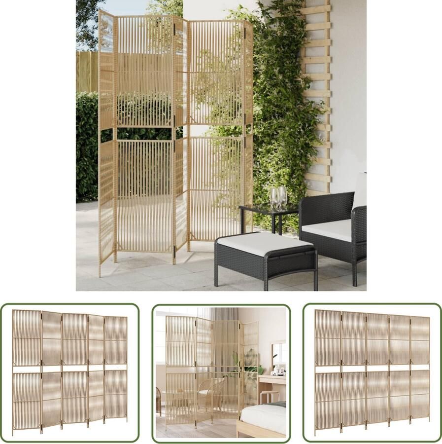 The Living Store Kamerscherm Poly Rattan 5 Panelen 245 x 200 cm Beige PE-rattan en Staal Duurzaam Opvouwbaar Kamerscherm Poly Rattan Dividers Privacy Screen Interieurdecoratie