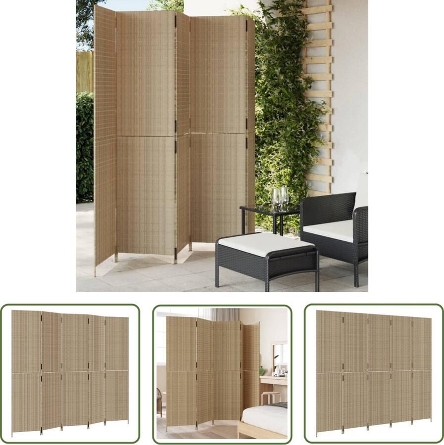 The Living Store Kamerscherm Poly Rattan 5 Panelen 245 x 200 cm Duurzaam Gemakkelijk Schoon te Maken Kamerscherm Poly Rattan Scheidingswand Privacy Screen Woonaccessoires