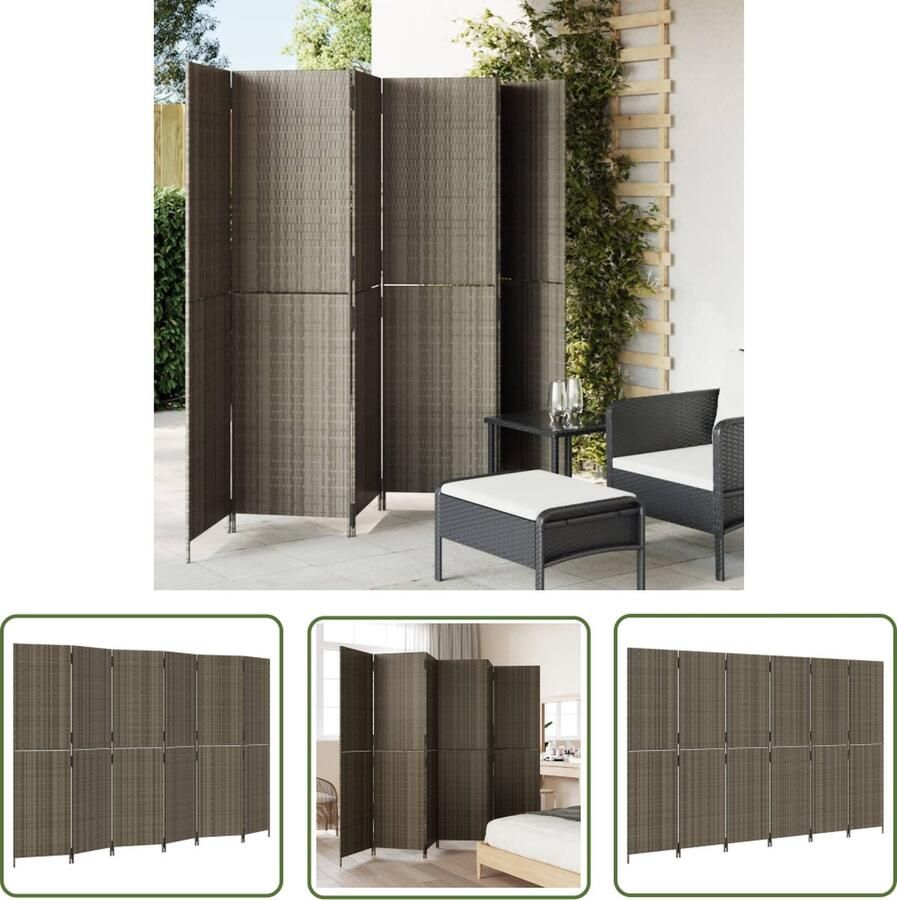 The Living Store Kamerscherm Poly Rattan 294 x 200 cm Grijs Duurzaam poly rattan kamerscherm met stabiel stalen frame Kamerscherm Poly Rattan Scheidingswand Privacy Screen Woonaccessoires