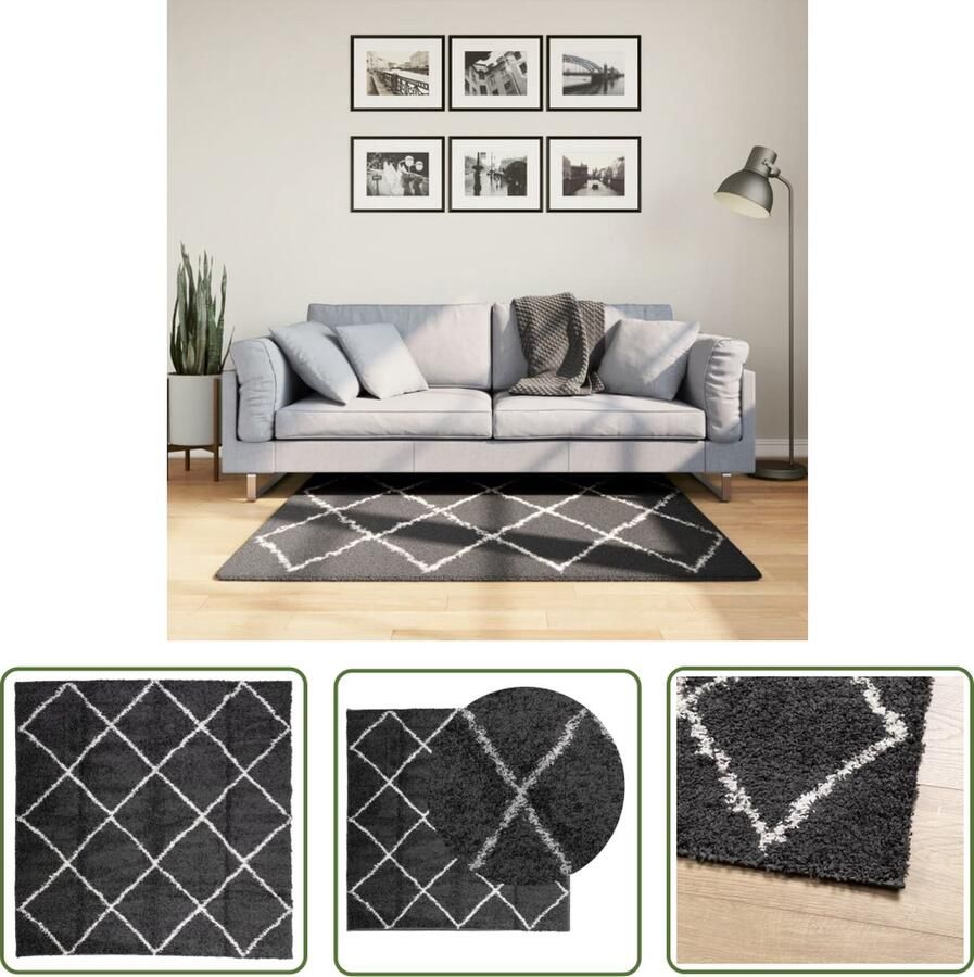 The Living Store Vloerkleed PAMPLONA shaggy hoogpolig 120x120 cm zwart en crème Shaggy Vloerkleed Polypropyleen Vloerkleed Zwarte Vloerkleed Creme Vloerkleed 120x120 Cm
