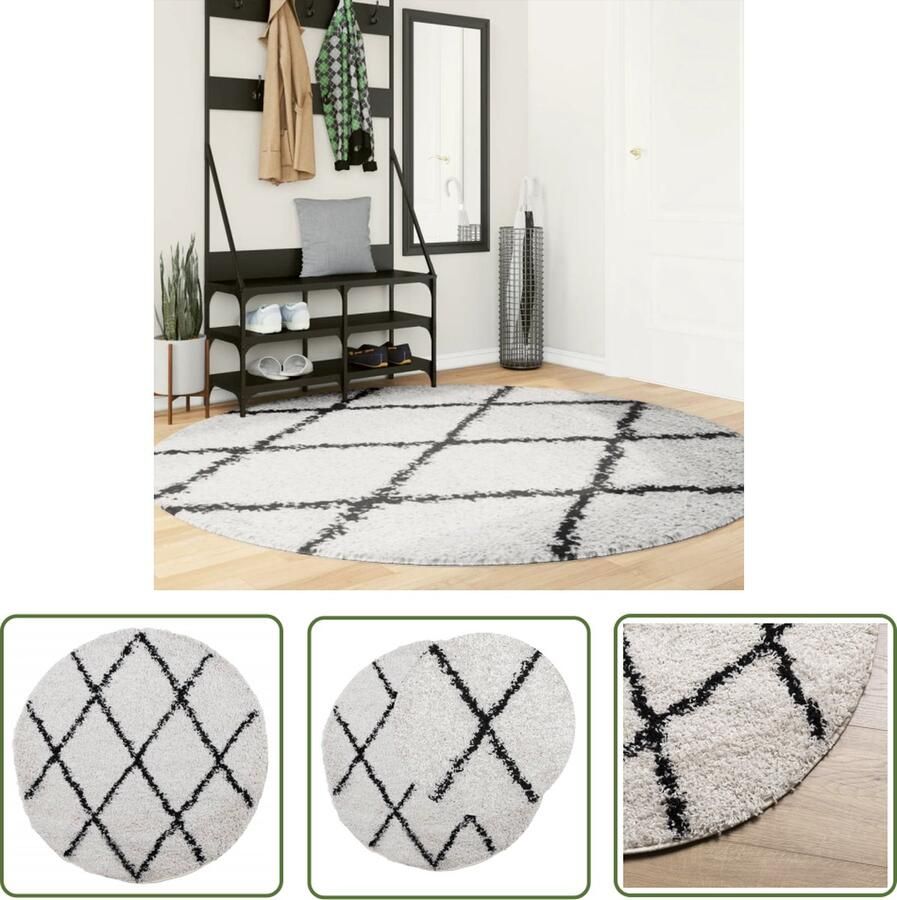 The Living Store Vloerkleed PAMPLONA shaggy hoogpolig Ø 200 cm crème en zwart Shaggy Vloerkleed Polypropyleen Vloerkleed Woonkamer Tapijt Slaapkamer Tapijt Beige Vloerkleed