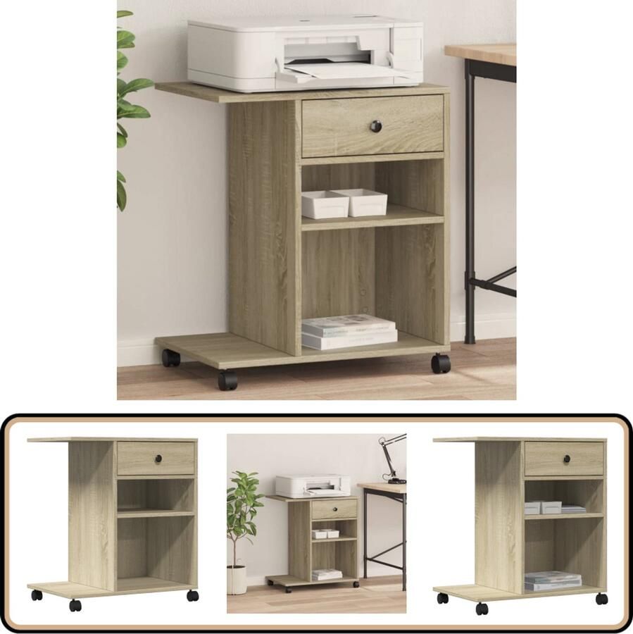 VidaXL Printerkast met wielen Sonoma eiken 60x40x68 5cm Printerstandaard Printer Tafel Bureau Organisator Houten Kast Opslagoplossing Computeraccessoires Home Office