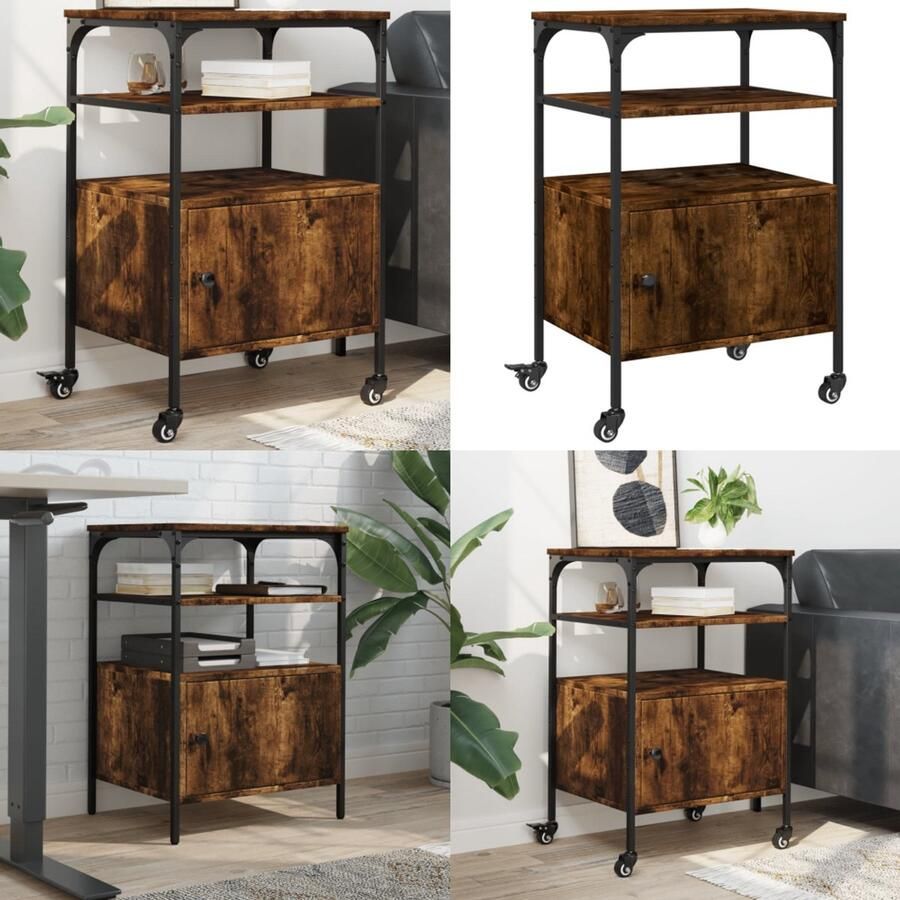 VidaXL Printerkastje 3-laags 50x40x76 cm bewerkt hout gerookt eiken Printerkastje Printerkastjes Bureau Organizer Bureau Organiser