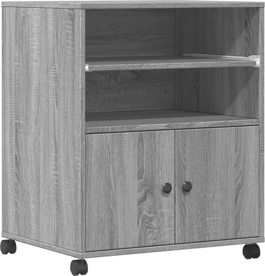 The Living Store Printerkastje met wielen 60x48x74 cm grijs sonoma eikenkleur Printer Tafel Printer Stand Bureau Accessoires Houten Meubilair Grijze Meubels