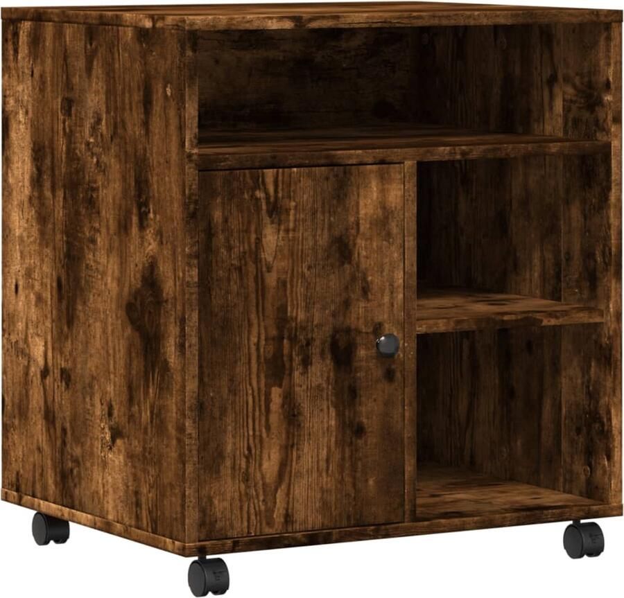 The Living Store Printerkastje met wielen 60x50x67 cm gerookt eikenkleurig Printerstandaard Printer Tafel Werkstation Houten Meubilair Opbergruimte