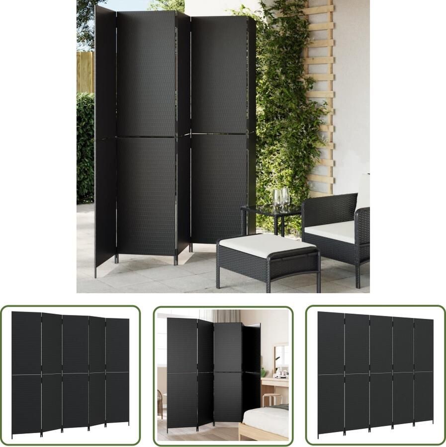 The Living Store Kamerscherm Poly Rattan 5 Panelen 245 x 200 cm Zwart Kamerscherm Privacy Scherm Scheidingswand Poly Rattan Zwarte Kamerdecoratie