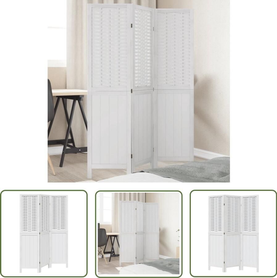 VidaXL Kamerscherm met 3 panelen massief paulowniahout wit Kamerscherm Privacy Scherm Houten Kamerdivider Bamboescherm Wandafscheiding