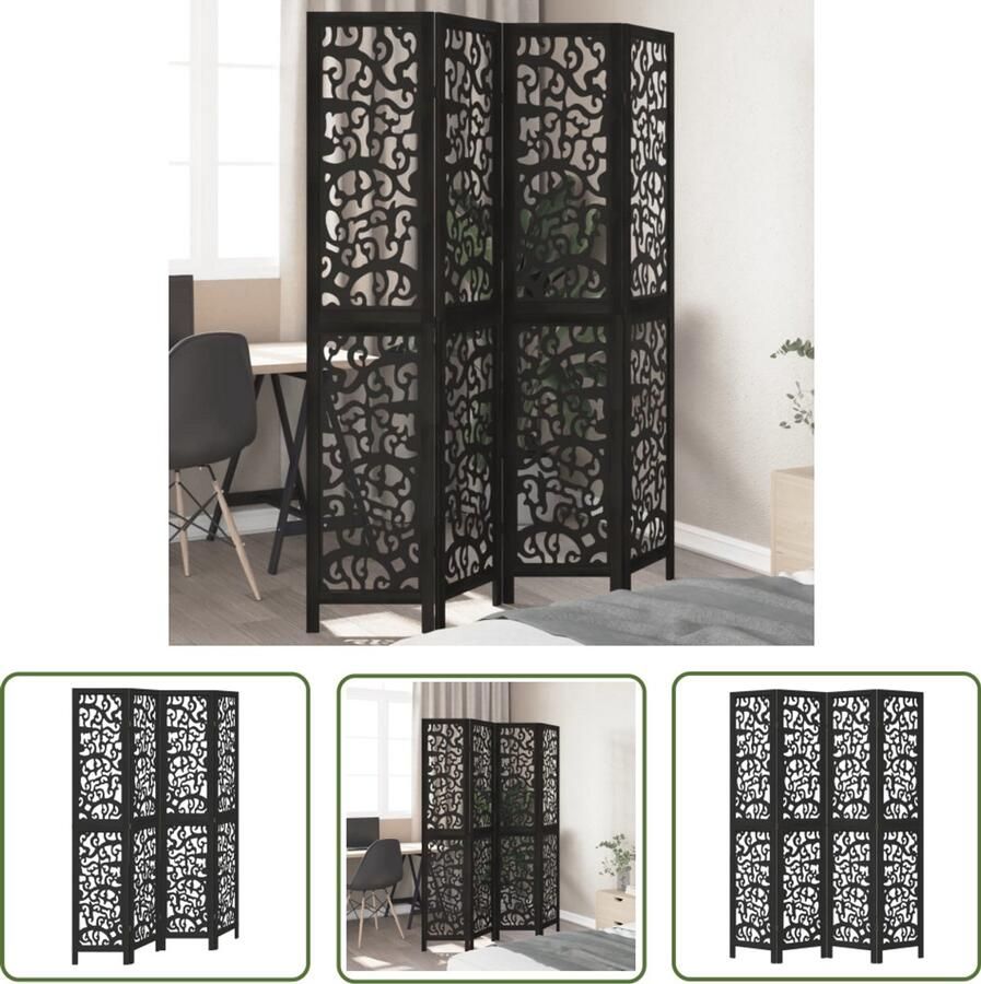 The Living Store Kamerscherm met 4 panelen massief paulowniahout zwart Kamerscherm Privacy Scherm Houten Kamerdivider Paulownia Hout Zwarte Wanddecoratie