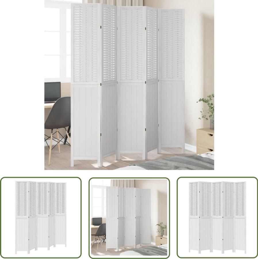 VidaXL Kamerscherm met 5 panelen massief paulowniahout wit Kamerscherm Privacy Scherm Houten Kamerscherm Paulowniahout Witte Kamerdecoratie