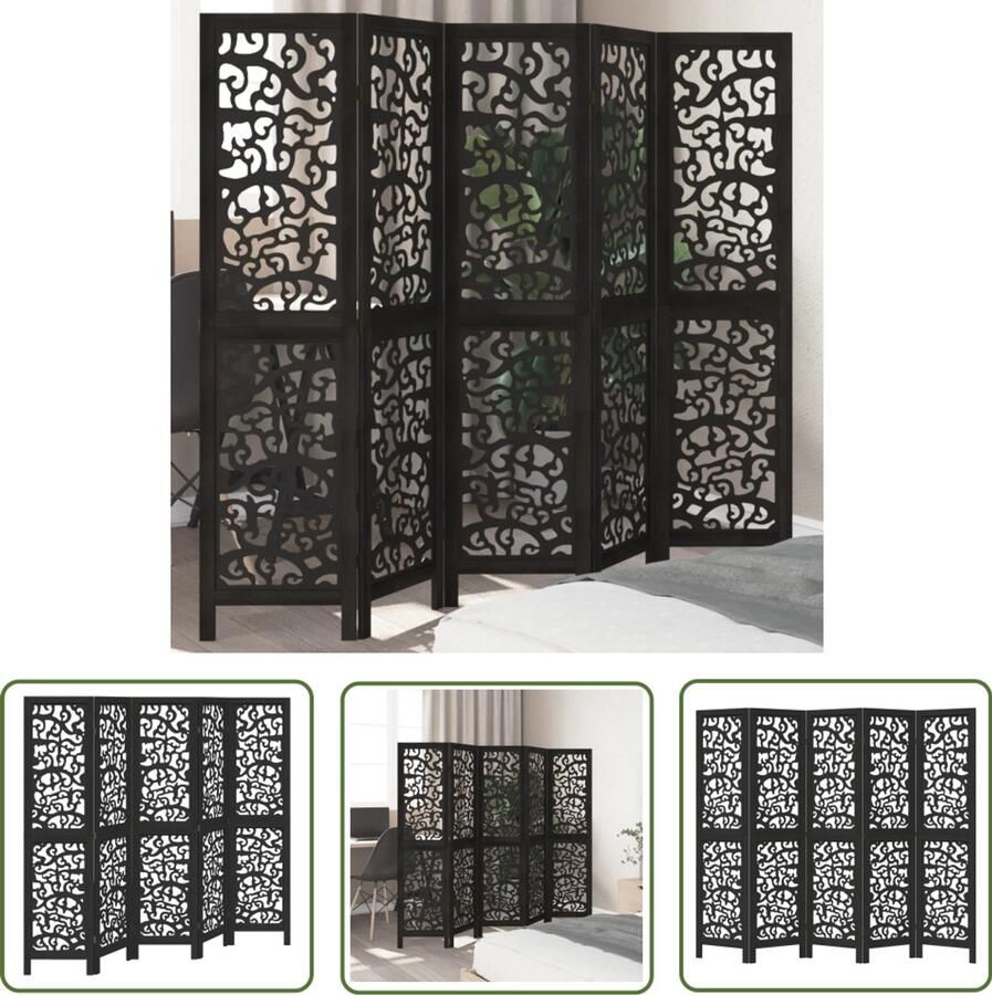 The Living Store Kamerscherm met 5 panelen massief paulowniahout zwart Kamerscherm Privacy Scherm Houten Kamerdivider Paulownia Hout Zwarte Wanddecoratie