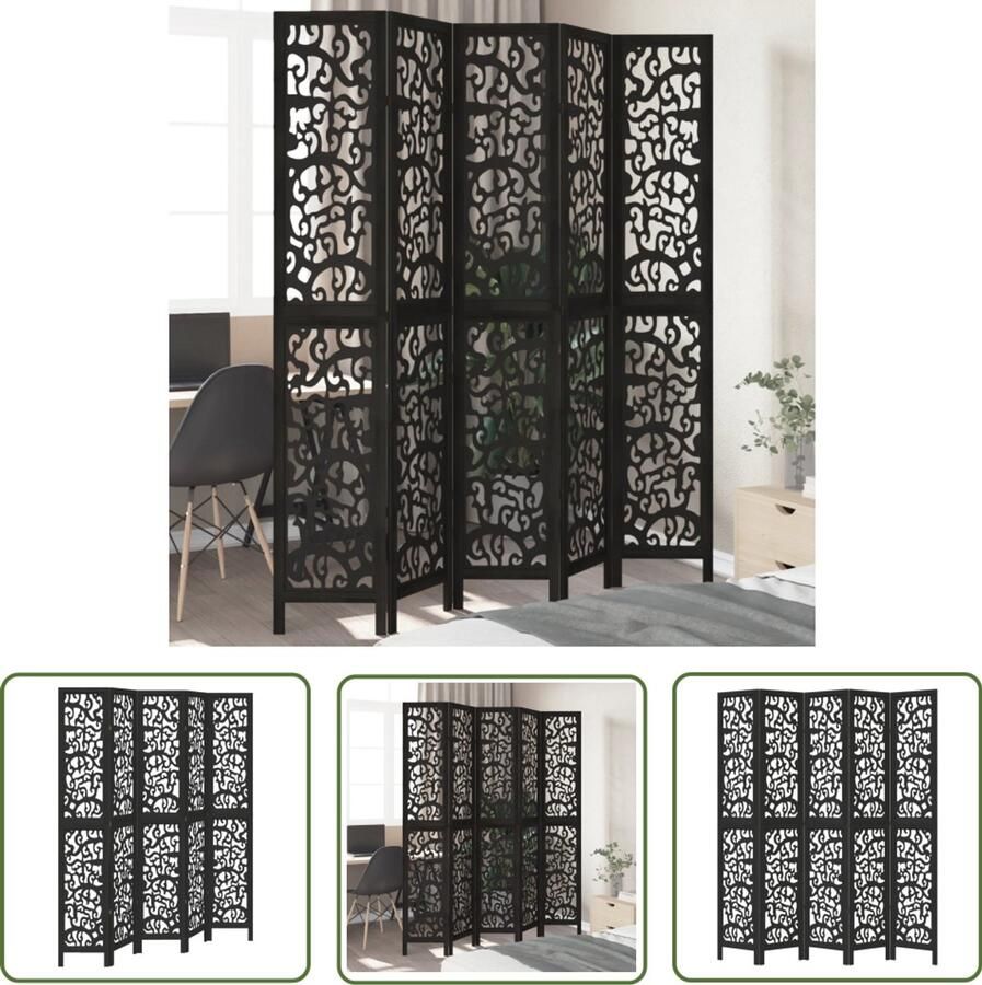 The Living Store Kamerscherm met 5 panelen massief paulowniahout zwart Kamerscherm Privacy Scherm Houten Kamerdivider Scheidingswand Paulownia Hout
