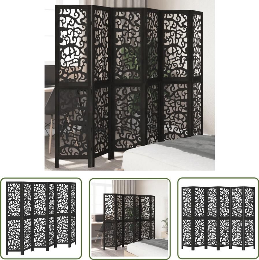 The Living Store Kamerscherm met 6 panelen massief paulowniahout zwart Kamerscherm Privacy Scherm Houten Scherm Scheidingswand Paulownia Hout