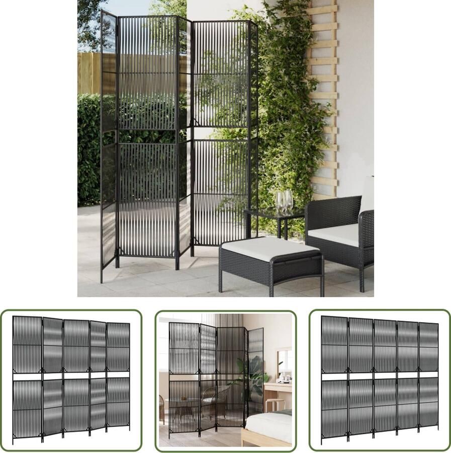 The Living Store Kamerscherm Poly Rattan 245 x 200 cm Zwart Duurzaam weerbestendig privacypaneel met stabiel stalen frame Opvouwbaar en multifunctioneel Kamerscherm Privacy Screen Dividers Decoratiedraad Woonaccessoires