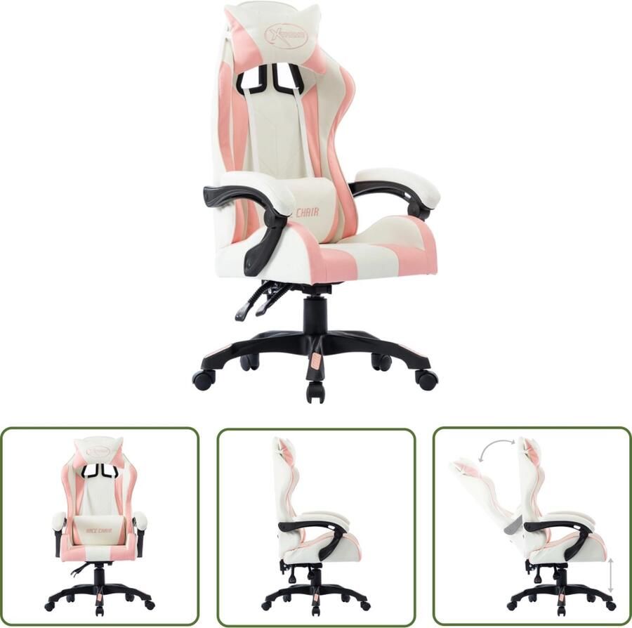 The Living Store Racestoel Gaming Kunstleer Roze Wit 64x65x119 cm Gasveer en verstelmechanisme Gamingstoel Racecarstoel Kantoorstoel Gamingbureaustoel Comfortabele Stoel - Foto 2