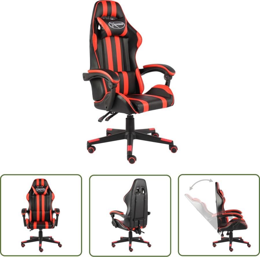 The Living Store racestoel Gaming Chair zwart en rood 62 x 69 x (115 130) cm kunstleer verstelbaar Gamingstoel Racecarstoel Bureaustoel Gaming Accessoires Computeraccessoires