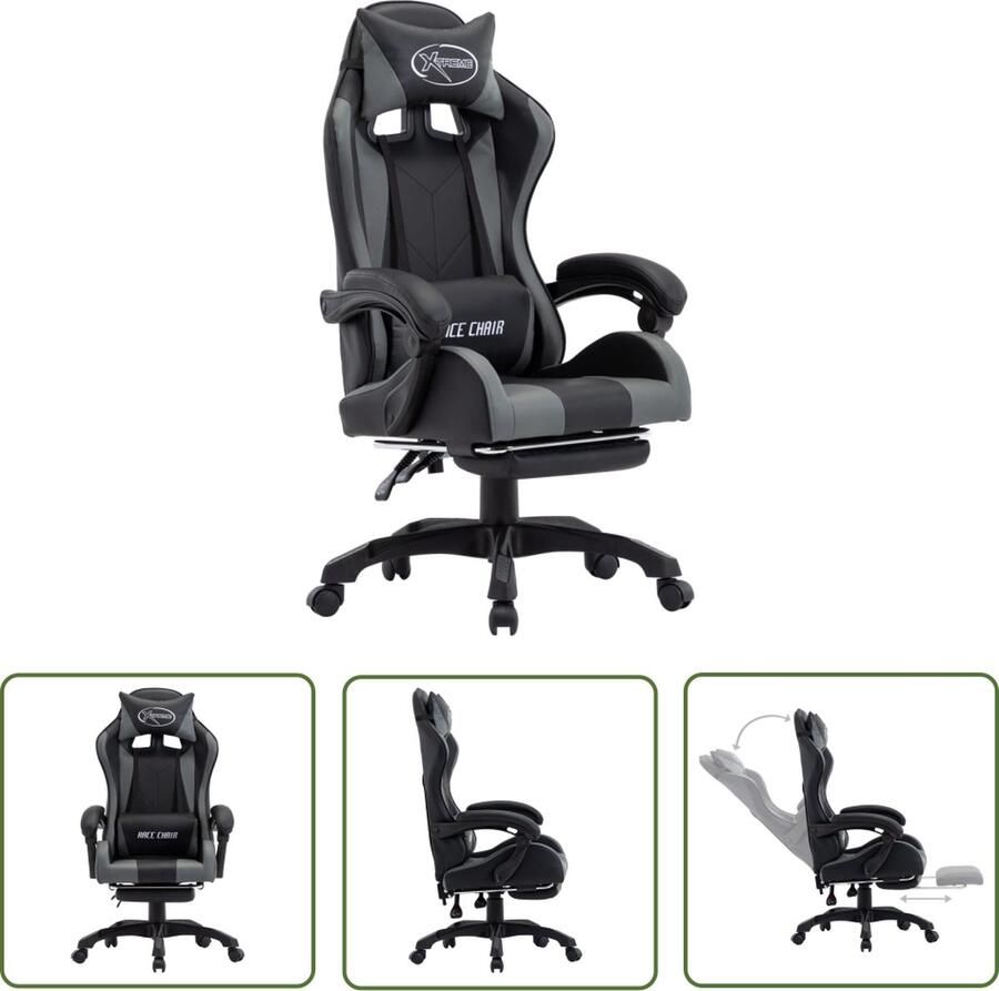 The Living Store Racestoel Gaming Kunstleer Dik gevoerd Verstelbaar Grijs Zwart 64x65x119 cm Gamingstoel Racecarstoel Bureaustoel Computerstoel Ergonomische Stoel - Foto 2