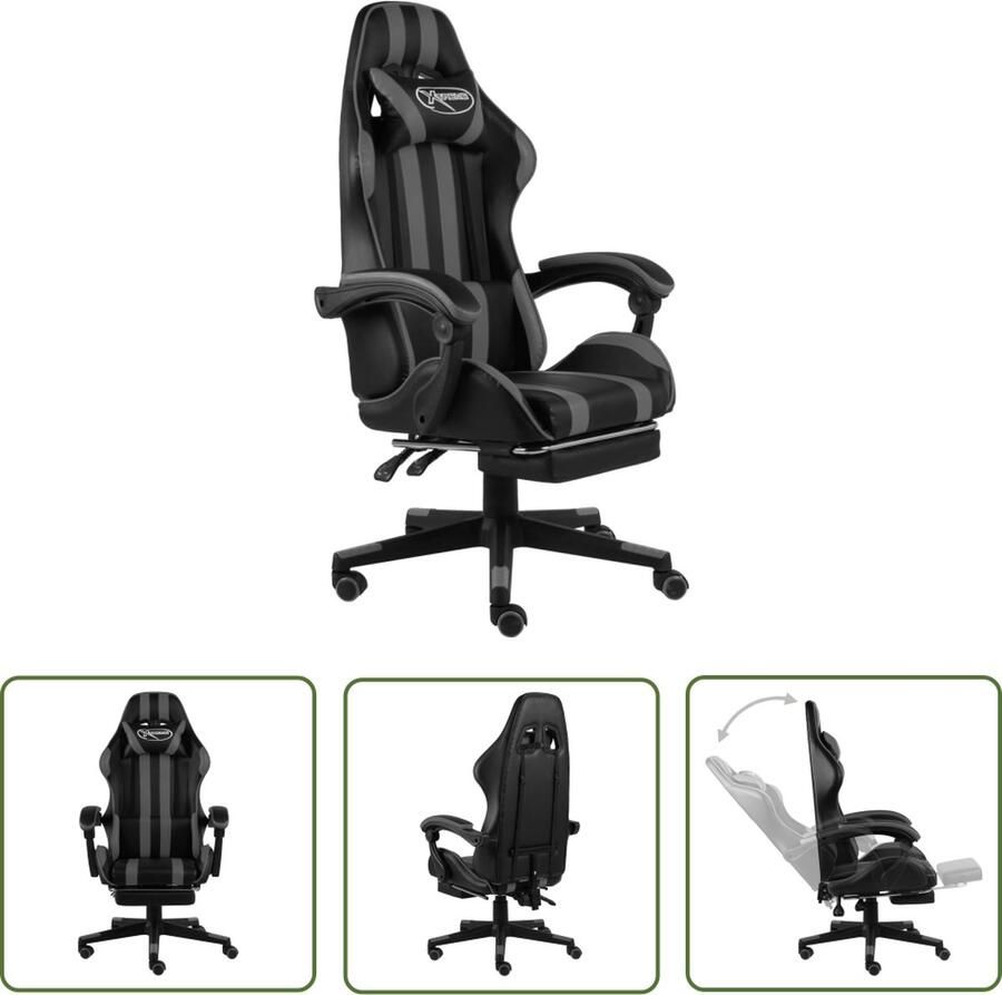 The Living Store Racestoel Gaming Kunstleer Zwart Grijs 62 x 69 x (115-130) cm Verstelbaar Met voetensteun Montage vereist Gamingstoel Racecarstoel Kantoorstoel Bureaustoel Ergonomische Stoel - Foto 2
